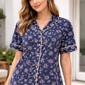 NWT Refinery 29 Navy Floral Pajama Top Size L Button Down Lounge Shirt